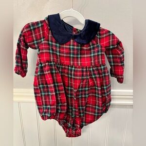 SweetHoney Clothing Christmas Plaid Bubble Romper with Navy Collar size 2t